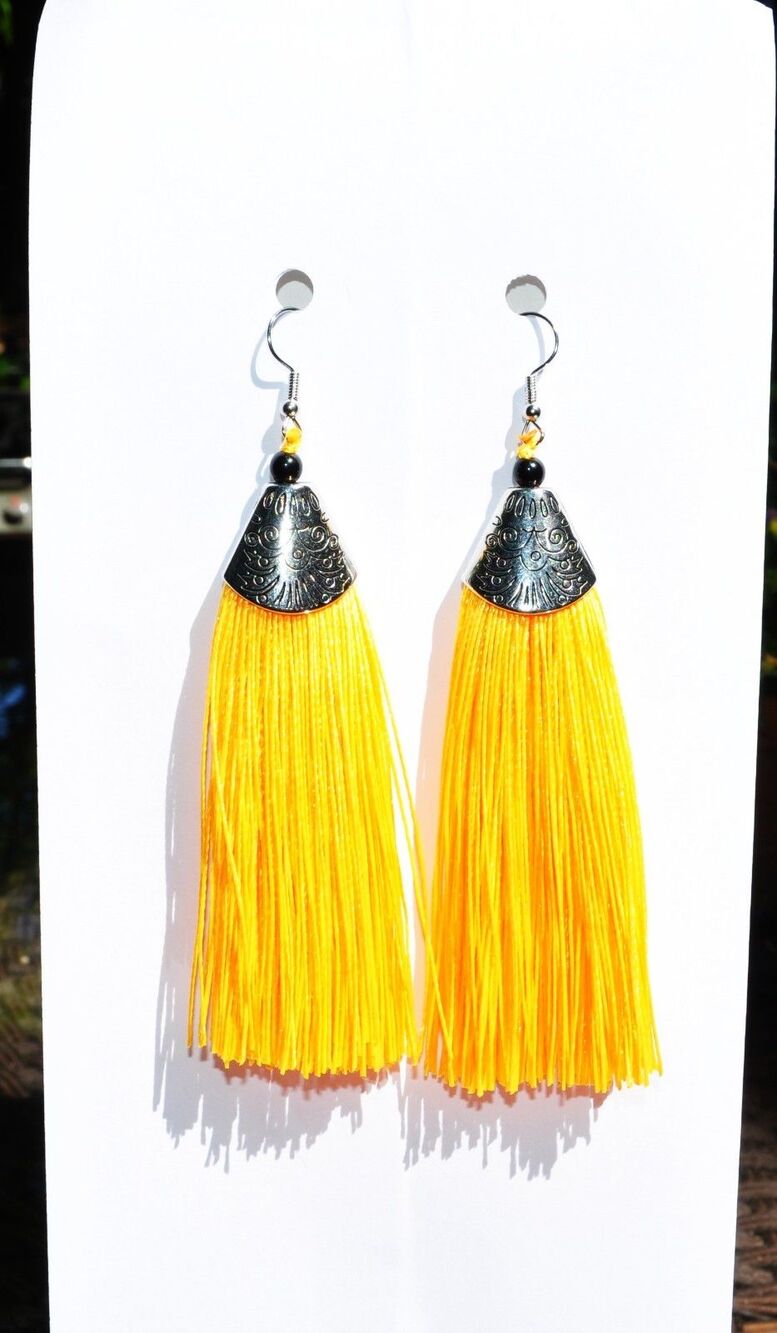 Silver Hook Yellow Boho Gypsy earrings with tassel fringe